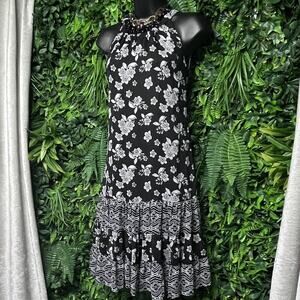 JBS Dress Women 8 Black White High Neck Floral Pleated Hem Shift Cocktail 2785